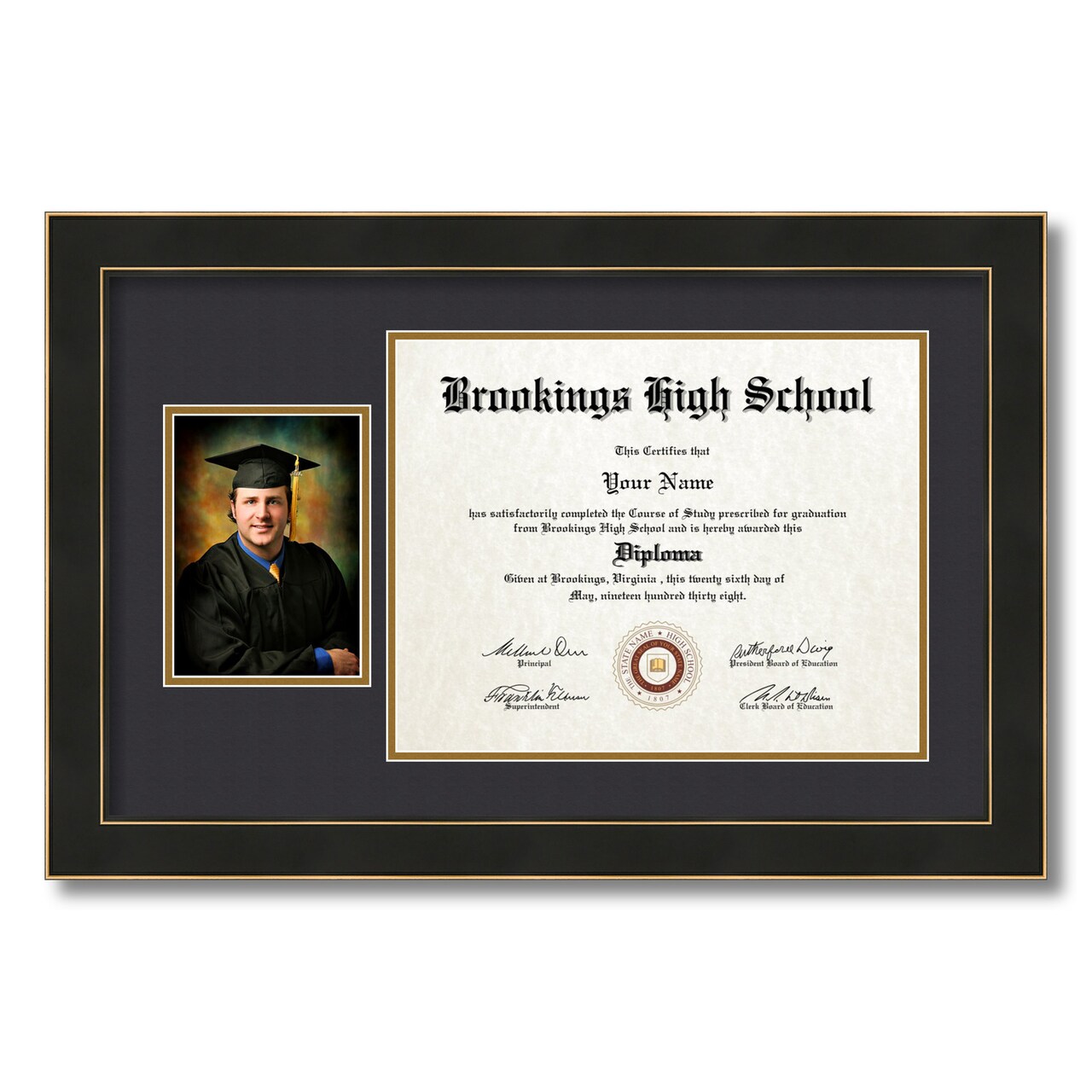 ArtToFrames 11x14 inch Diploma Frame with 6" x 8" Inch Image Opening - Framed with Black and Gold Mats, Comes with Regular Acrylic and Sawtooth Hanger for Wall Hanging (DT-11x14)